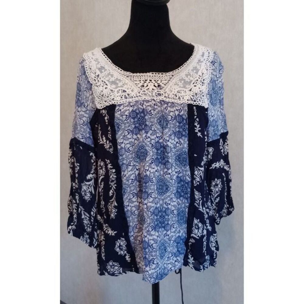 Bila Boho-Chic Floral Print Blouse With Crochet Lace Yoke Size L